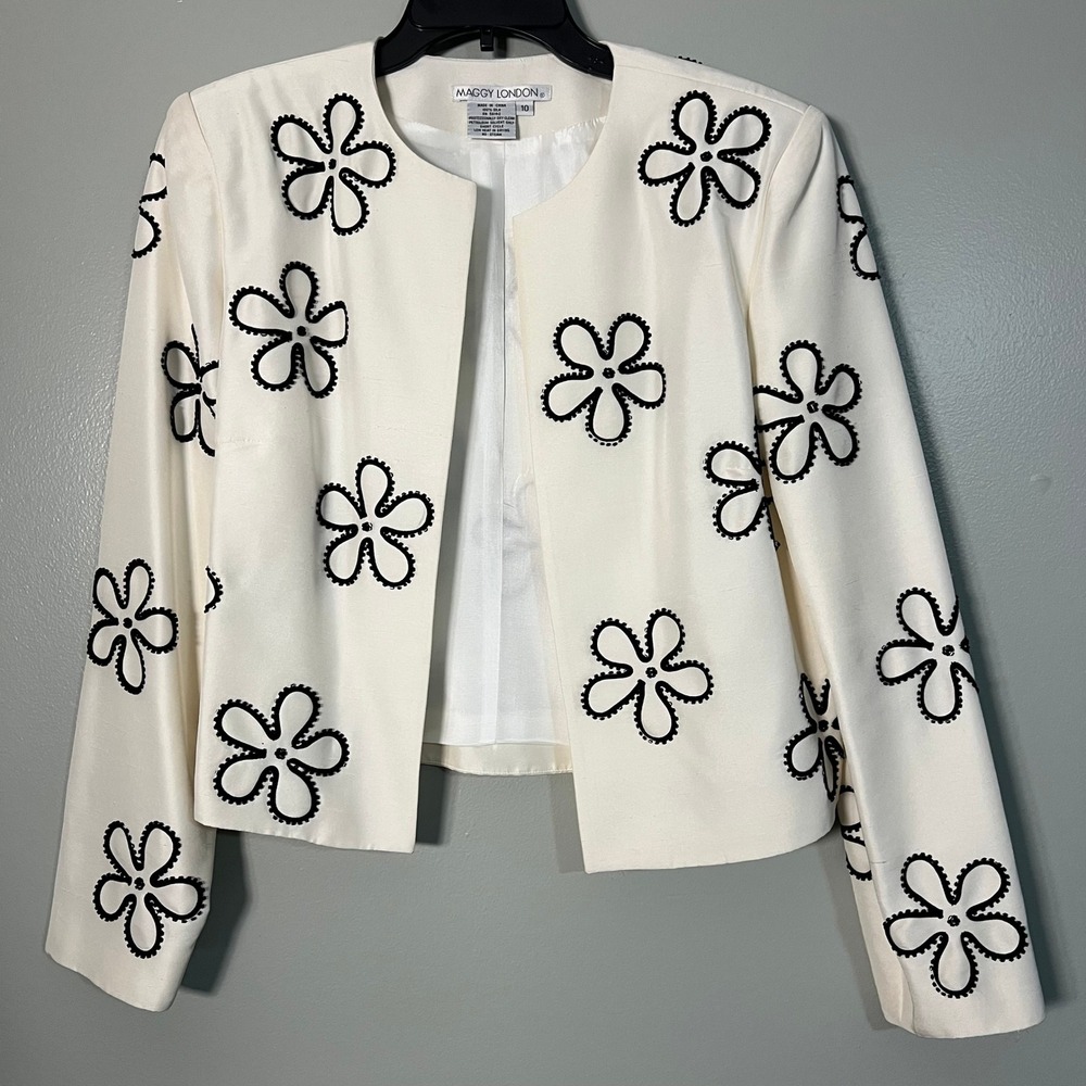 Maggy London Silk Beaded Floral Applique Open Front Blazer Ivory Black sz 10 Mod